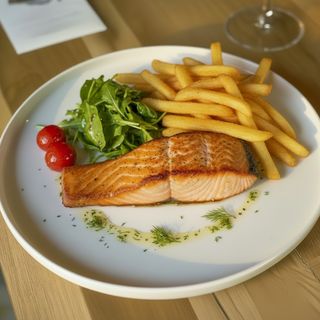 Black Sea Salmon Steak with French Fries 