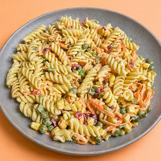 Funchoza with vegetables and bacon