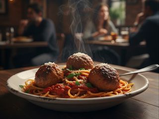 სპაგეტი ტომატის სოუსით და ქათმის ფრიკადელებით