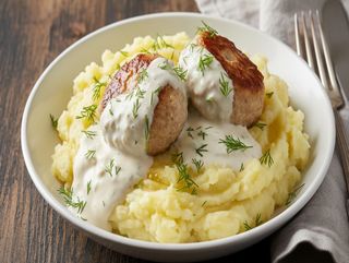 ქათმის გუფთა (ფრიკადელები) კარტოფილის პიურეთი