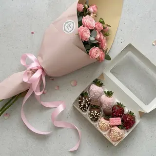 3 spray roses and 8 chocolate-covered strawberries
