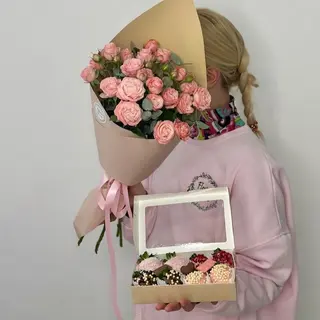 9 bush roses and 8 chocolate-covered strawberries