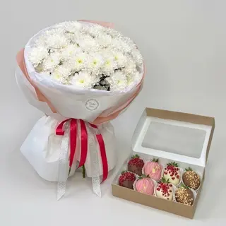 Elegant bouquet of 15 spray chrysanthemums paired with 8 chocolate strawberries