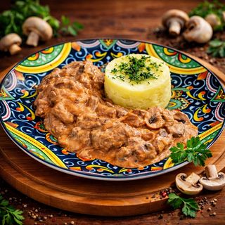 ბიფსტროგანოვი სოკოთი, საქოლნის ხორცით და გარნირით