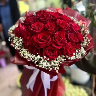 წითელი ვარდები (15ც) გიფსოფილებთან ერთად