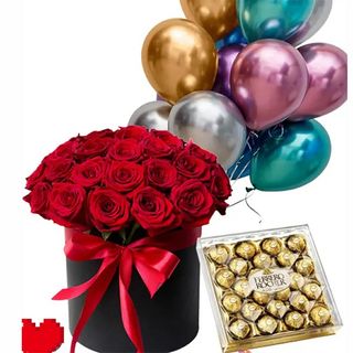 წითელი ვარდები (20ც) ბურთები და როშენის შოკოლადი