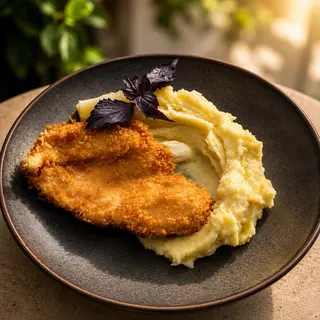 ქათმის შნიცელი პიურეთი/Chicken Schnitzel with mashed potatoes