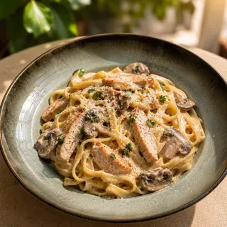 ფეტუჩინი ქათმითა და სოკოთი/Fetuccini with chicken and mushrooms