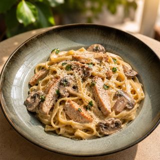 ფეტუჩინი ქათმითა და სოკოთი/Fetuccini with chicken and mushrooms