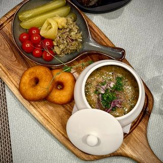 Lobio(Beans) with pickles and mchadiacon