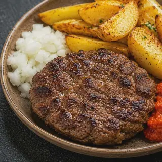 Pljeskavica sa žara, pekarski krumpir, ajvar, luk