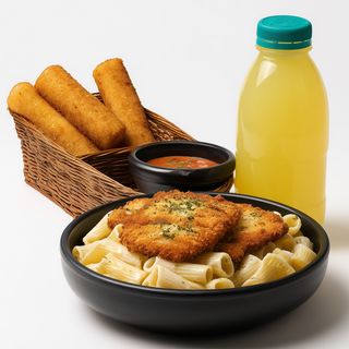 CRISPY CHICKEN PASTA + BITIES + LEMONADE