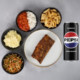 Svinjska rebarca BBQ 360g + prilog po izboru + Pepsi zero 0,33l