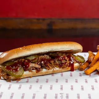 Pulled pork sandwich + sweet potatoes