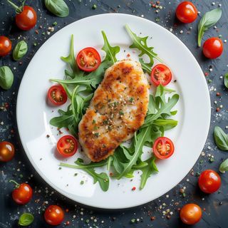 Cotoletta di pollo alla Milanese con pomodorini e rucola