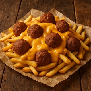 Patate fritte con polpettine e cheddar