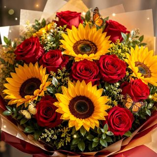 Bouquet di girasoli e rose rosse