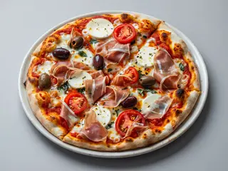 Pizza rossa gorgonzola speck e olive