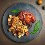 Mezzo Pollo marinato con salsa BBQ e patate al forno
