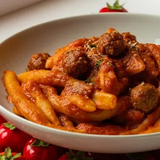 Fusilli al ferretto di nostra produzione con salsa e polpette