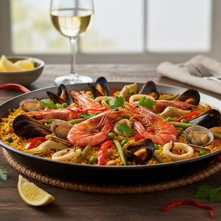 Paella di pesce e verdure