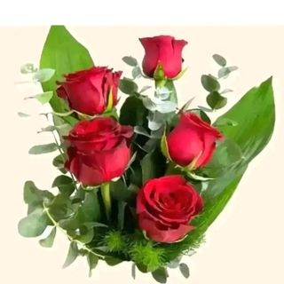 5 rose rosse con foglie
