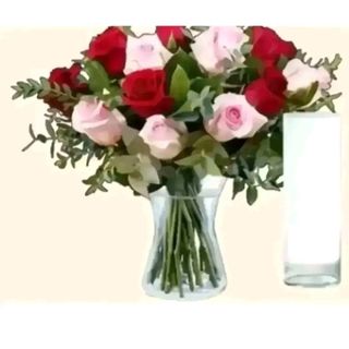 6 rose rosse e 6 rose rosa con vaso