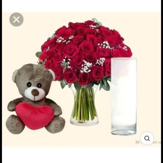 24 rose rosse con pelushe piccolo e vaso vetro 