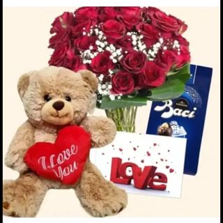 24 rose rosse con pelushe grande e scatola baci perugina 
