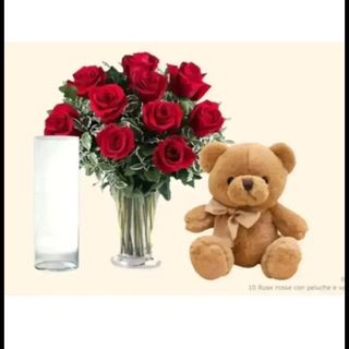 10 rose rosse con pelushe grande e vaso