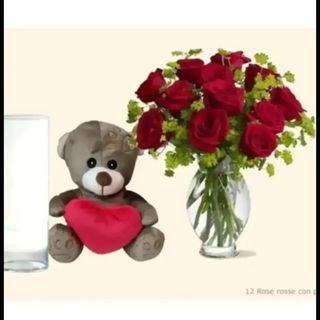 12 rose rosse con pelushe piccolo e vaso vetro