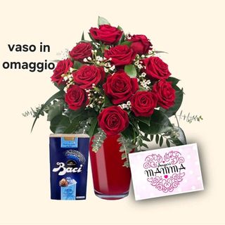 12 rose rosse con baci perugina. biglietto e vaso omaggio