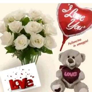 12 rose bianche con pelushe piccolo. biglietto e palloncino omaggio