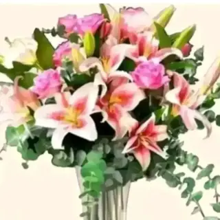lilium rosa eucalipto e fiori rosa