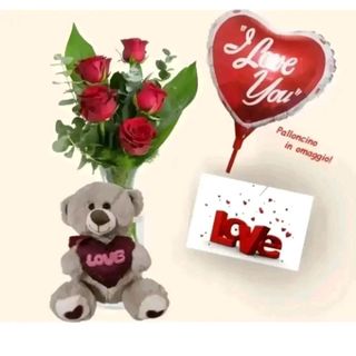 5 rose rosse con pelushe piccolo e biglietto LOVE omaggio