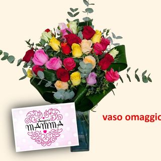15 rose colorate. biglietto e vaso omaggio