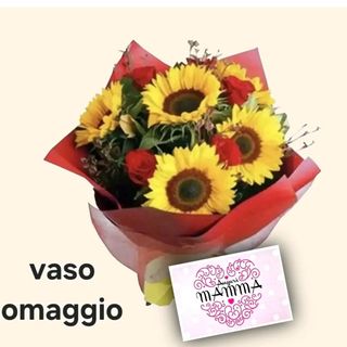 5 girasoli e 5 rose rosse. biglietto e vaso omaggio