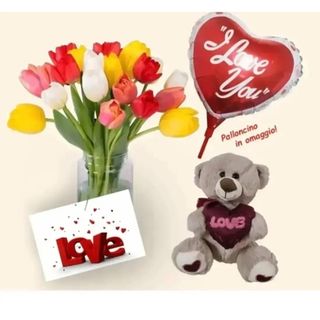15 tulipani misti con pelushe piccolo . biglietto e palloncino omaggio