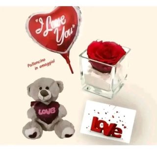 rosa stabilizzata rossa con pelushe piccolo 15 cm. biglietto e palloncino omaggio