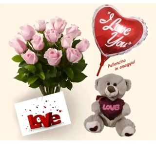 12 rose rosa con pelushe piccolo.  biglietto e palloncino omaggio
