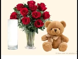 10 rose rosse con pelushe grande e vaso