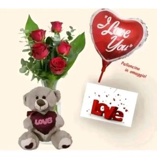 5 rose rosse con foglie e pelushe piccolo. biglietto e palloncino omaggio