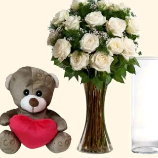 24 rose bianche con pelushe piccolo e vaso