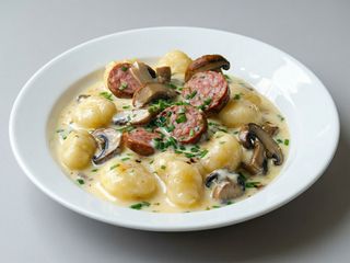 Gnocchi besciamella, salsiccia e funghi porcini 
