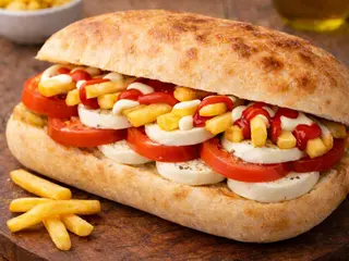 PanCaprese Pomodoro Mozzarella Patatine ketchup Maionese Olio Origano