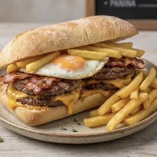 La bomba (Doppio hamburger, bacon croccante, cheddar, uovo, patatine)