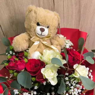 5 Rose rosse con orsetto peluche grande