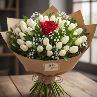 tulipani bianchi e rosa rossa