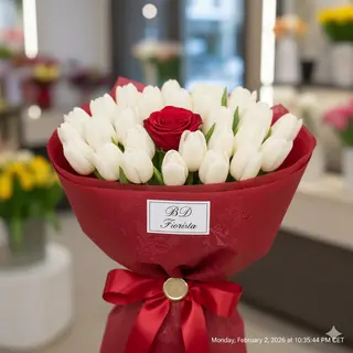 Tulipani bianchi e rosa rossa Wow