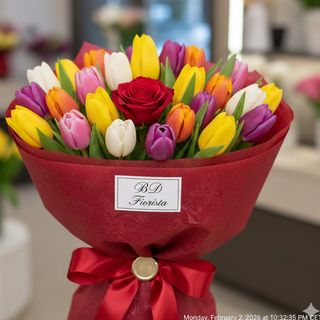 Tulipani misti e rosa rossa